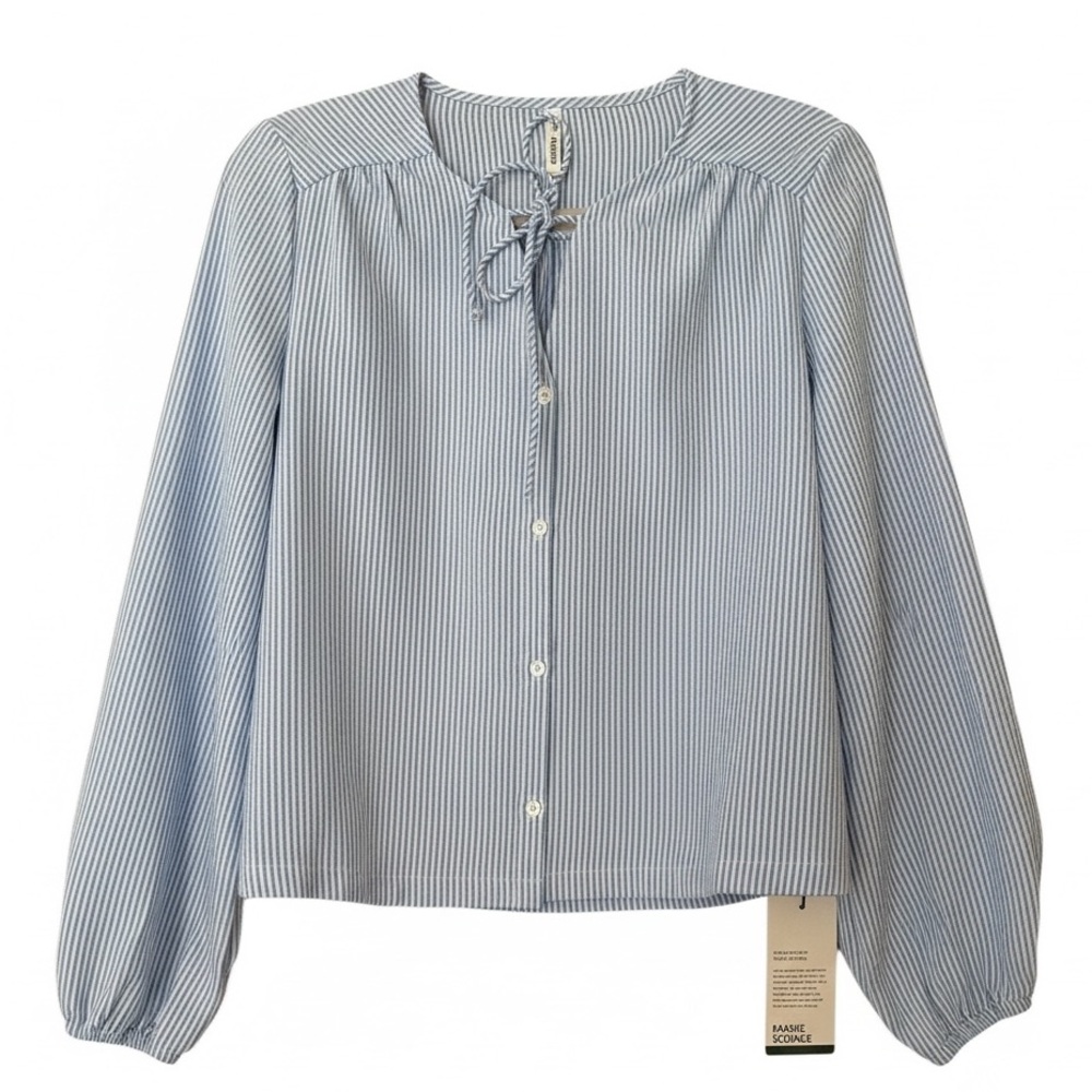 Halara Striped Tie Front Button Blouse Ballon Sleeve Crop Top, Size S